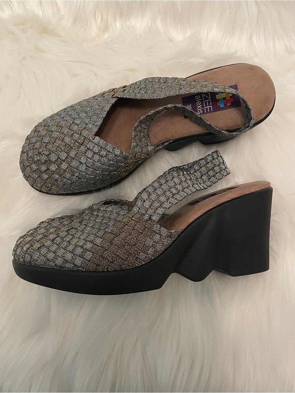 Zee Alexis - Woven Metallic Silver and Gold Slingback Wedges - 38